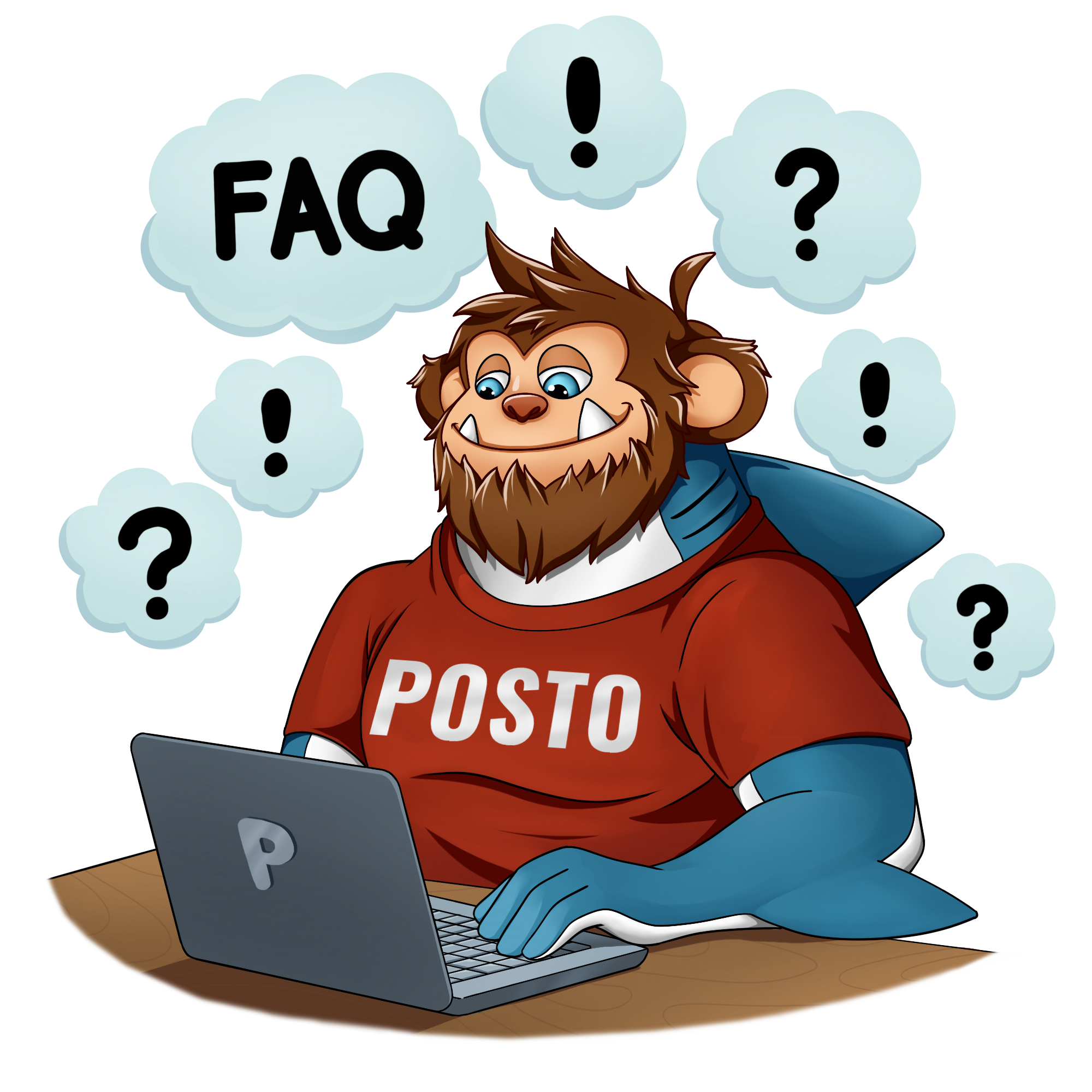 Posto mascot answering questions at a laptop