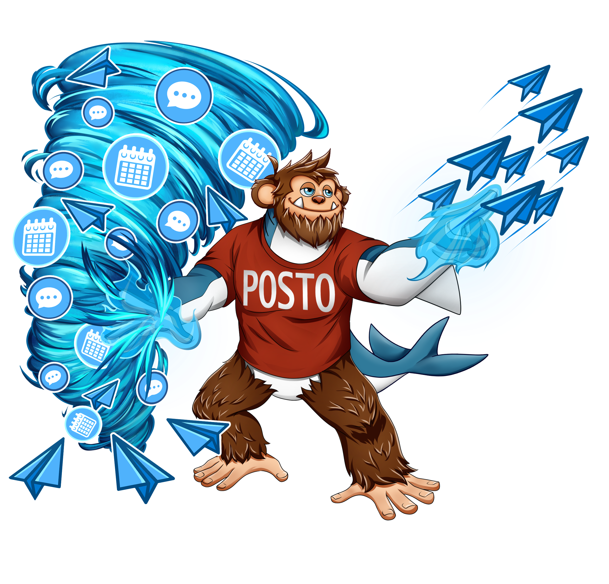Posto mascot launching planes from a whirlwind