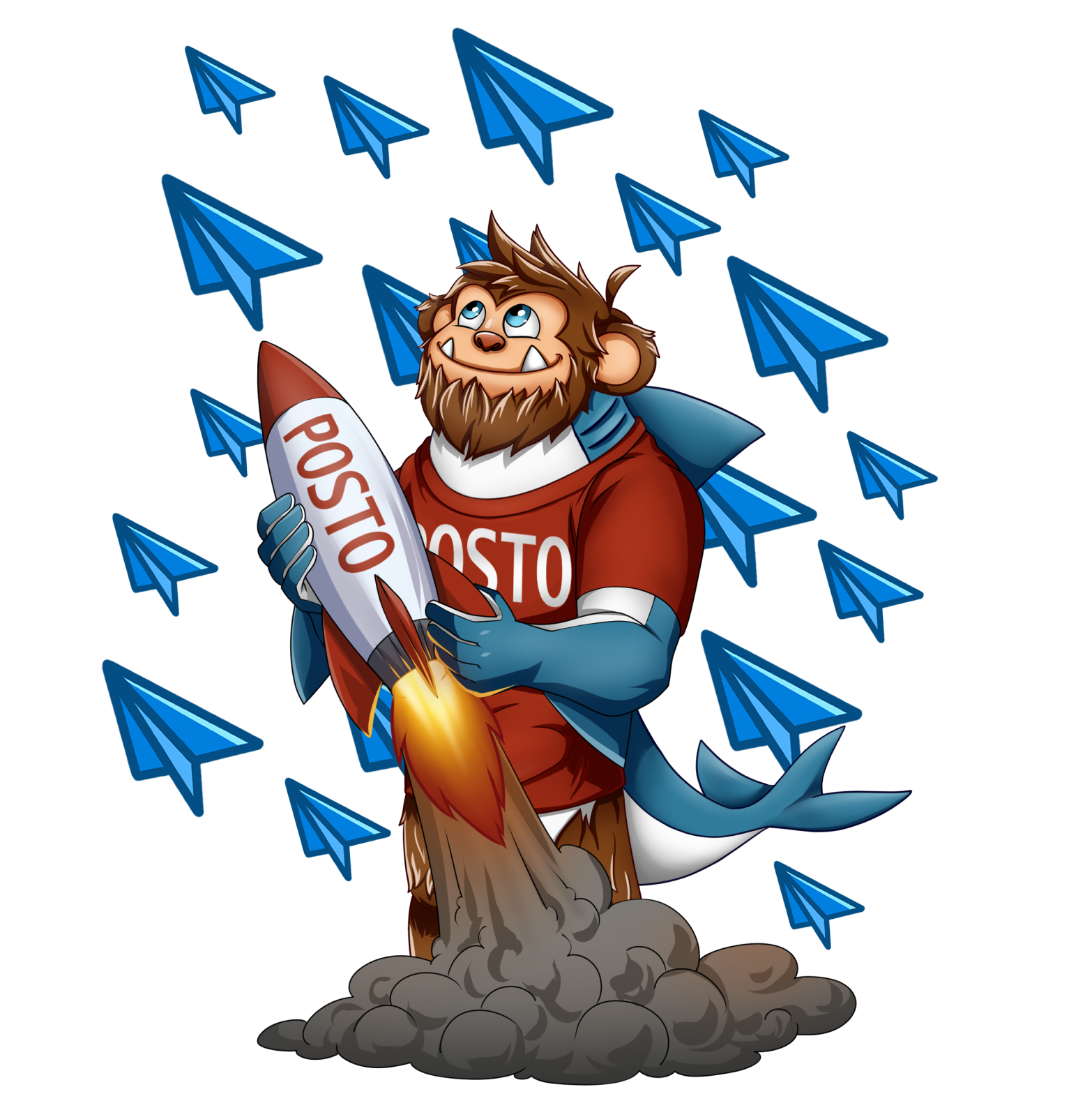 Posto mascot launching a rocket